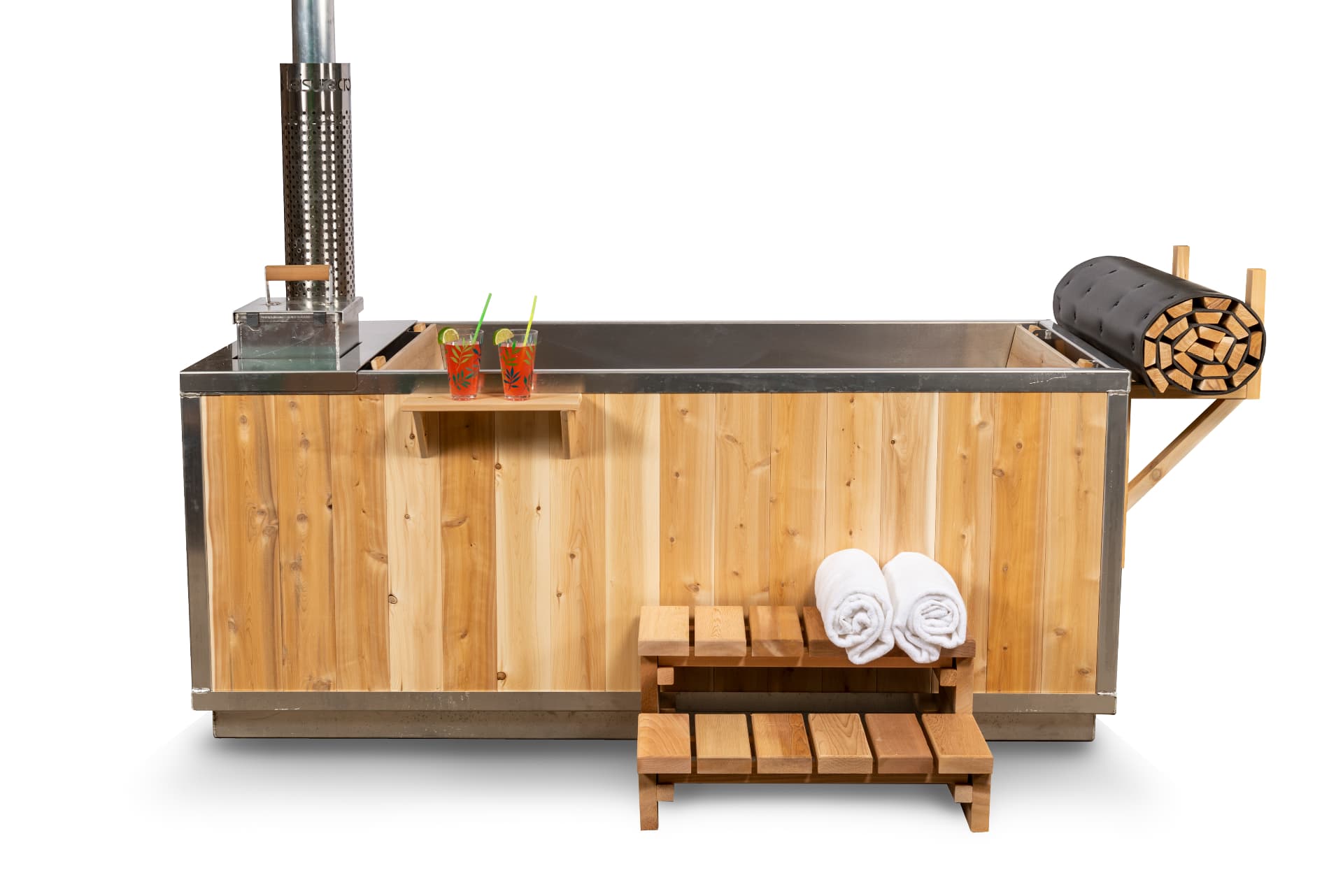 Front view of the Canadian Timber Starlight wood-burning hot tub with cedar steps