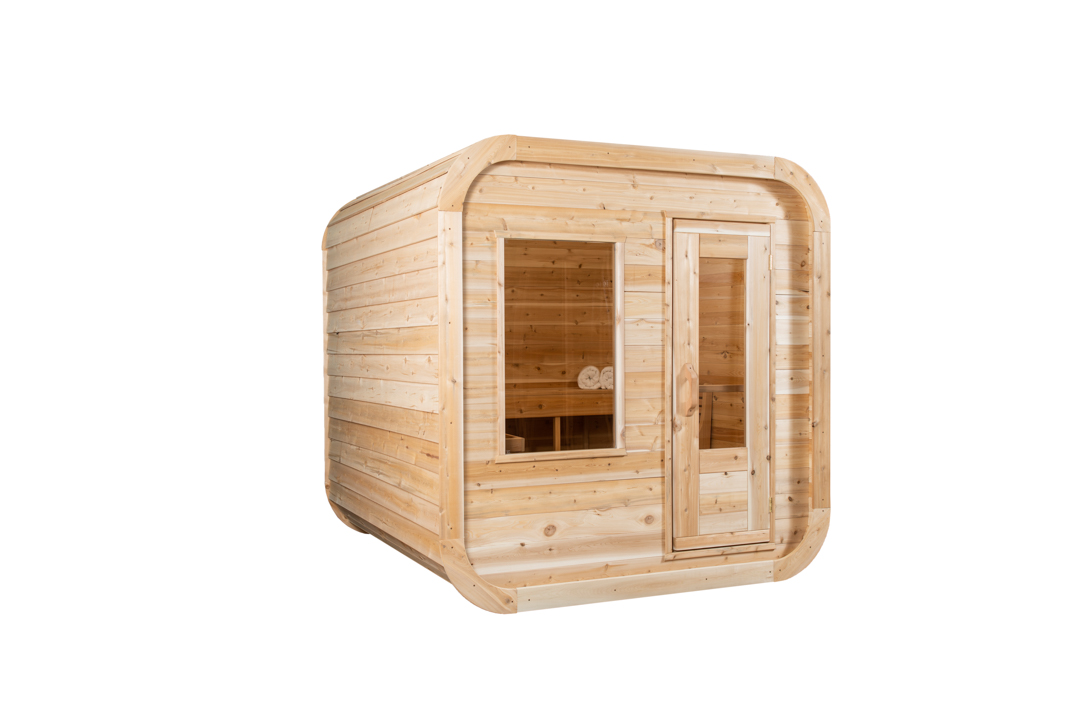 Angled studio view of the Canadian Timber Luna Sauna with its window and glass cedar door