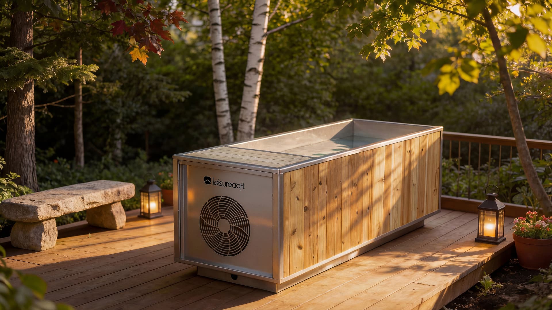 Canadian Timber Flow Cold Plunge on a cedar deck surrounded by trees
