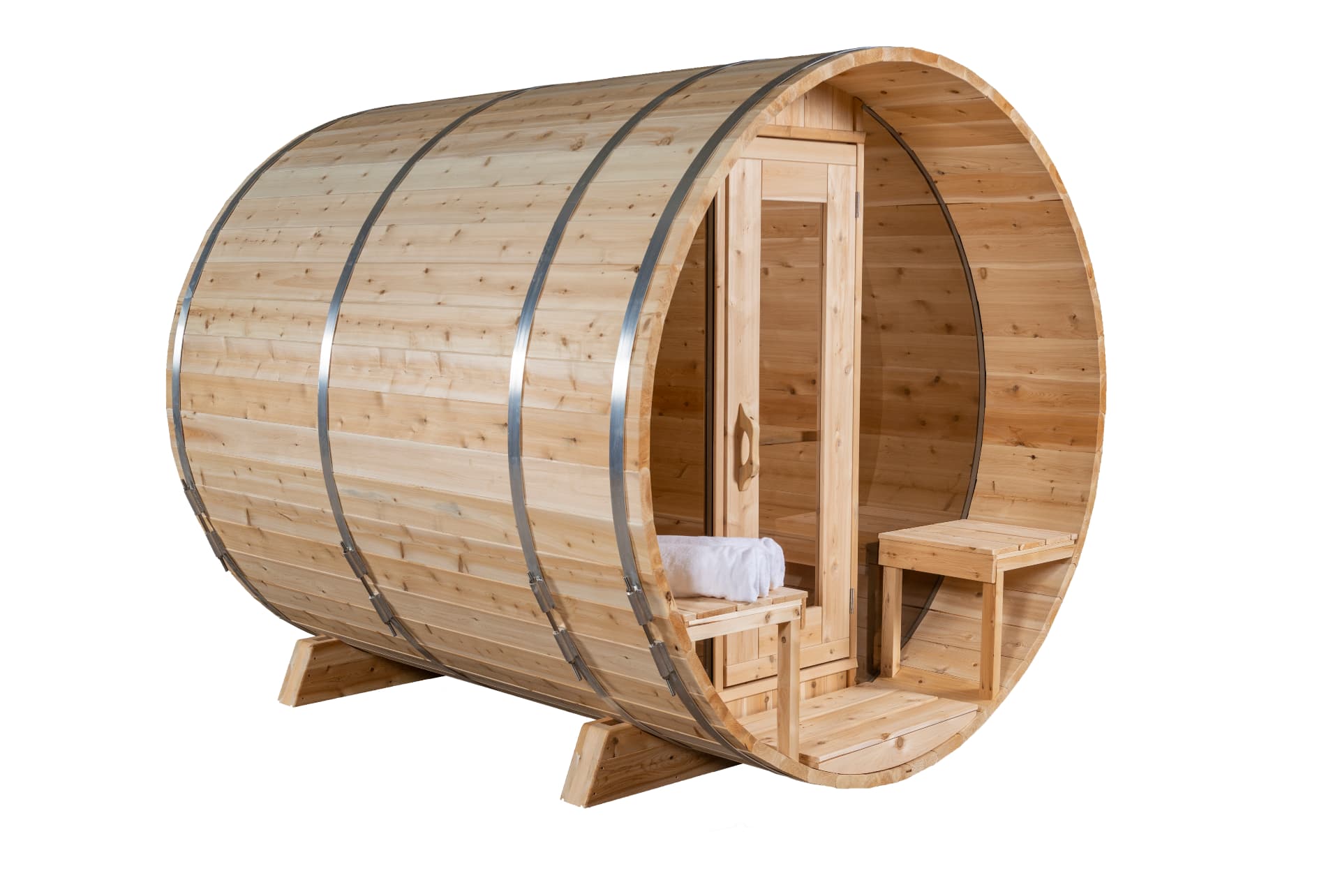 Front view of the Canadian Timber Serenity Sauna with its integrated cedar porch