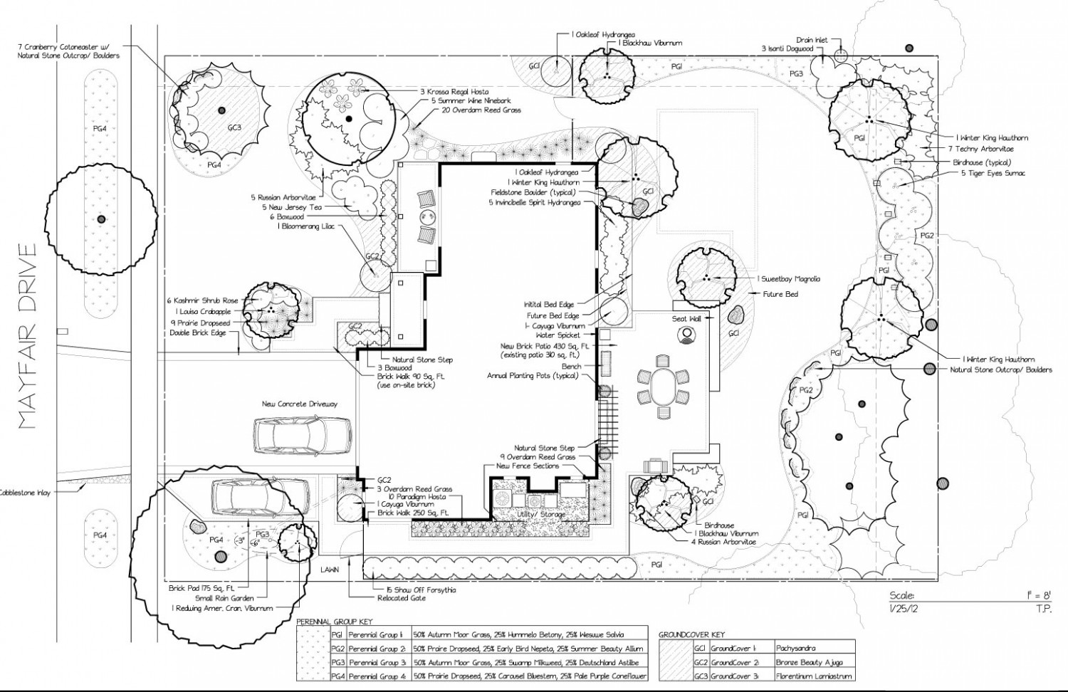Detailed black-and-white landscape design plan with planting keys
