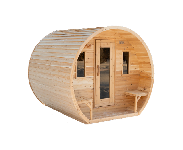 Canadian Timber Elation barrel sauna with glass door and exterior benches