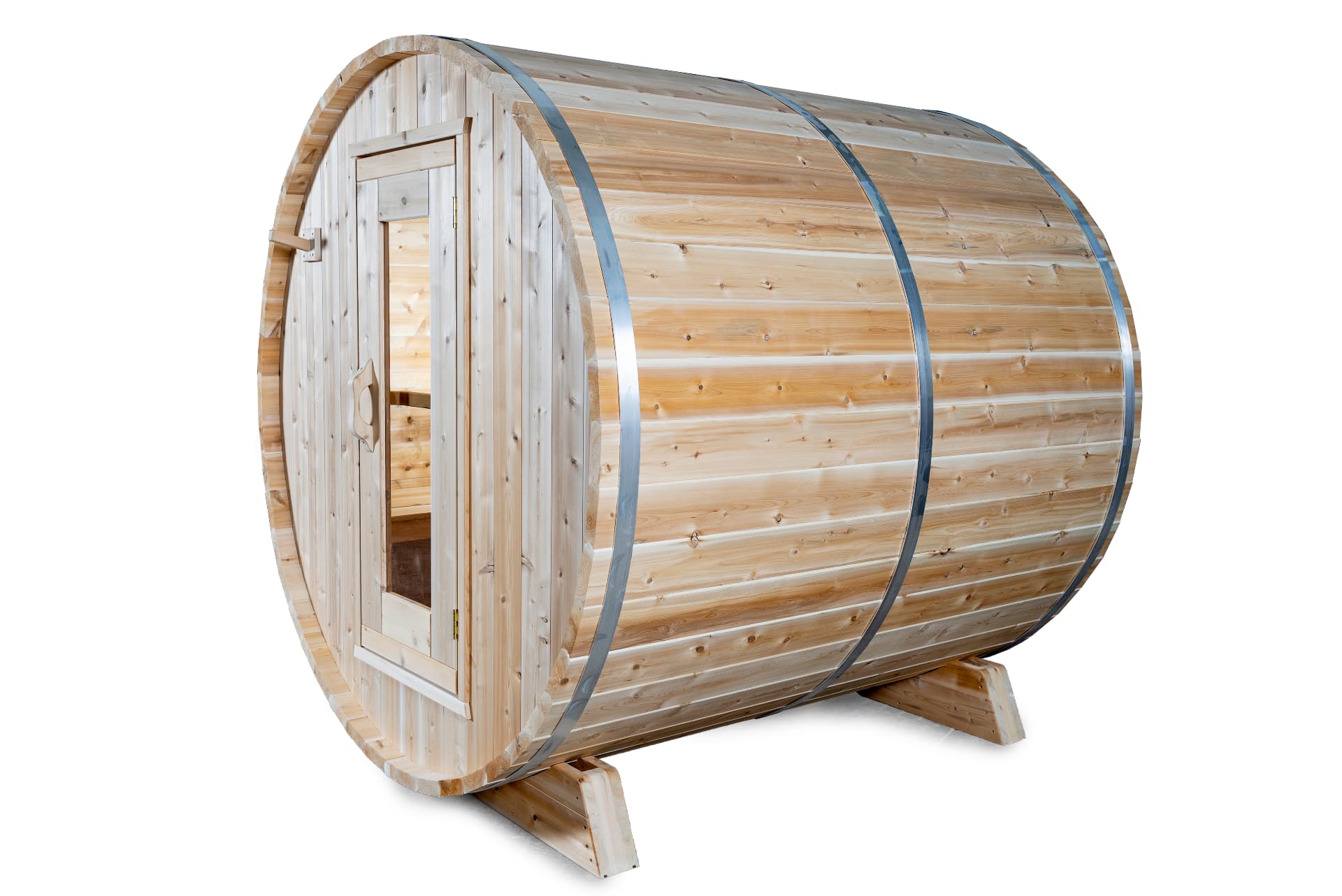 Angled exterior view of the Canadian Timber Harmony barrel sauna